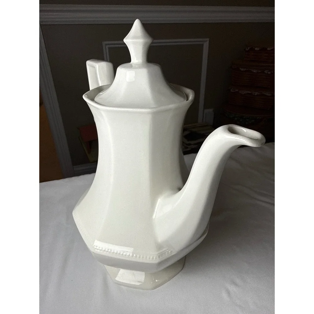 Vintage White Octagonal Ceramic Coffee Pot with Lid Beaded Trim 9.5 Inch